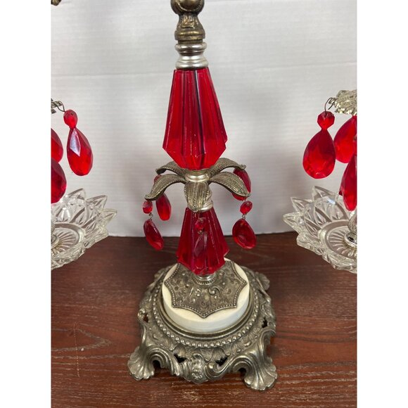 Vintage Ornate Justice Scale With Red Crystal Accents & Glass Dishes - Picture 4 of 6